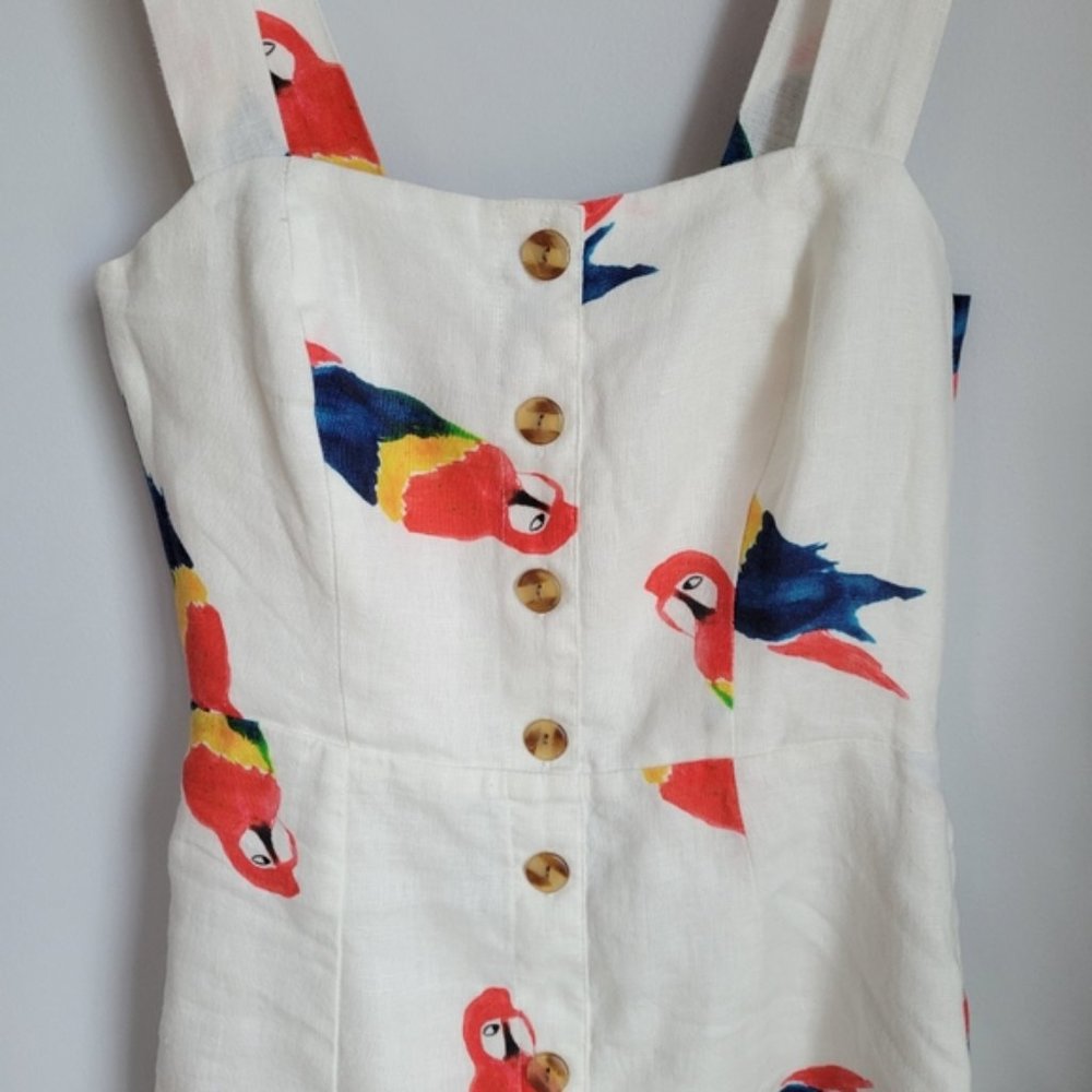 Farm Rio, New, Macaw White Linen Parrot Mini Dress Sundress Dress, XS - Picture 4 of 6
